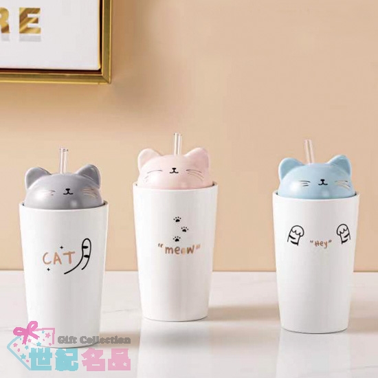 貓咪玻璃吸管瓷杯